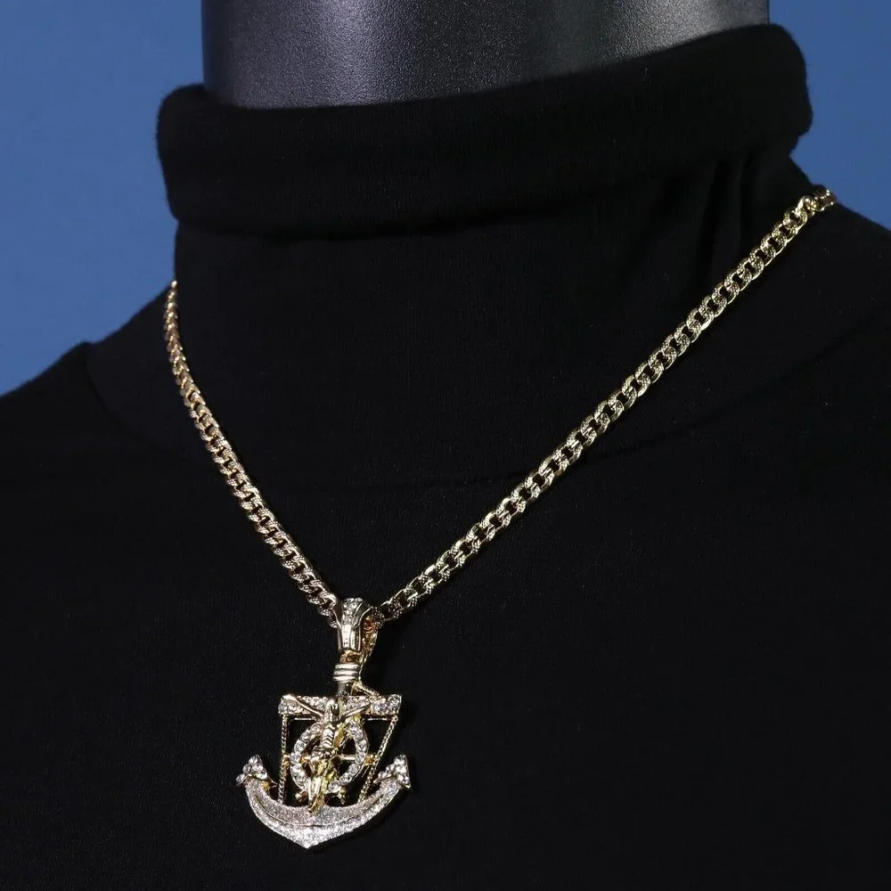 14k Gold Jesus Anchor Cuban Pendant + Necklace